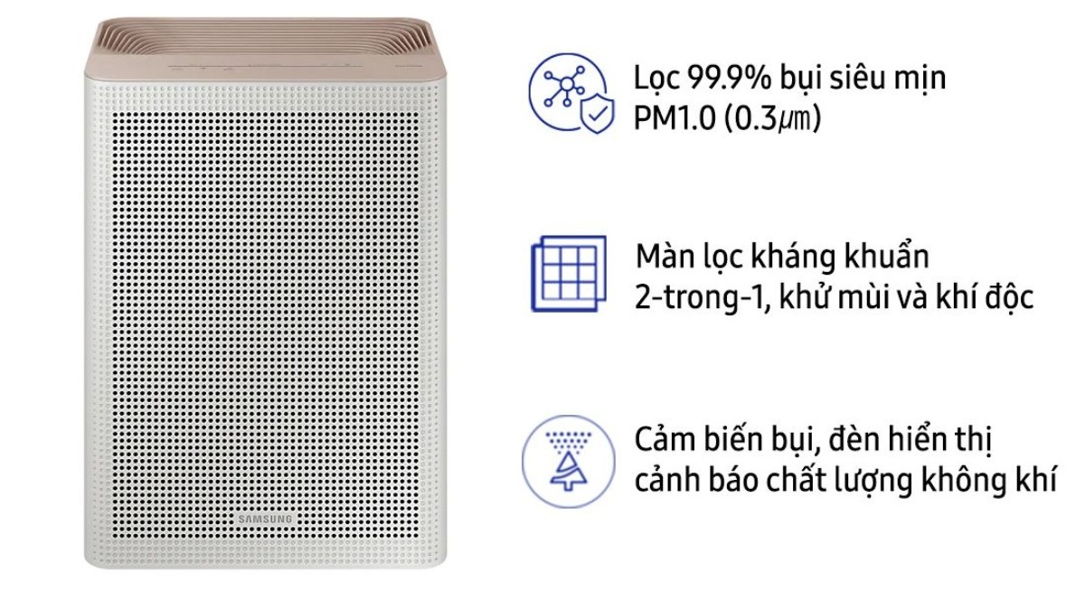 Máy lọc không khí Samsung AX32BG3100GBSV là lựa chọn phù hợp cho những ai đang tìm kiếm giải pháp lọc bụi mịn PM2.5, vi khuẩn và mùi hôi hiệu quả