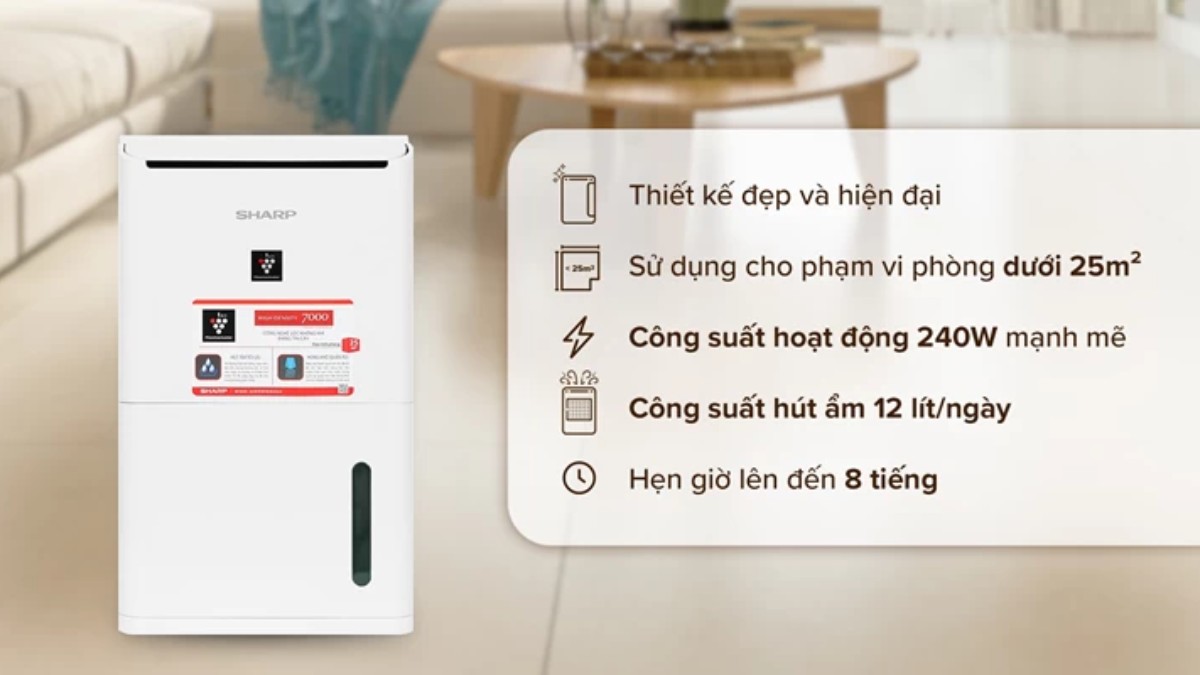 Máy hút ẩm Sharp DW-D12A-W sở hữu thiết kế hiện đại với tone màu trắng sang trọng