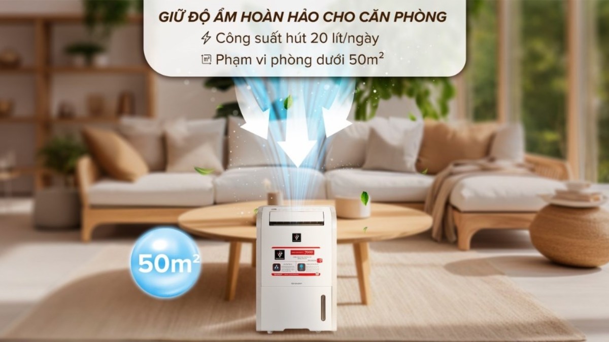 Máy hút ẩm Sharp DW-D12A-W có khả năng hút ẩm lên đến 12 lít mỗi ngày